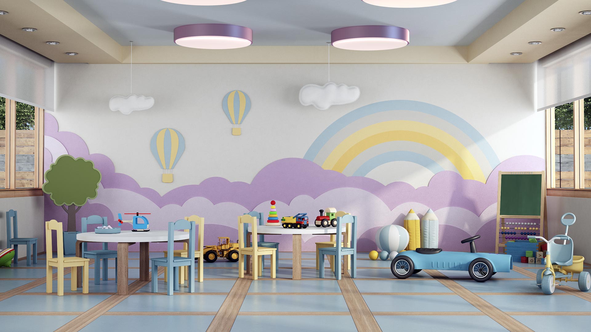 Direct ceiling luminaire in vibrant daycare.