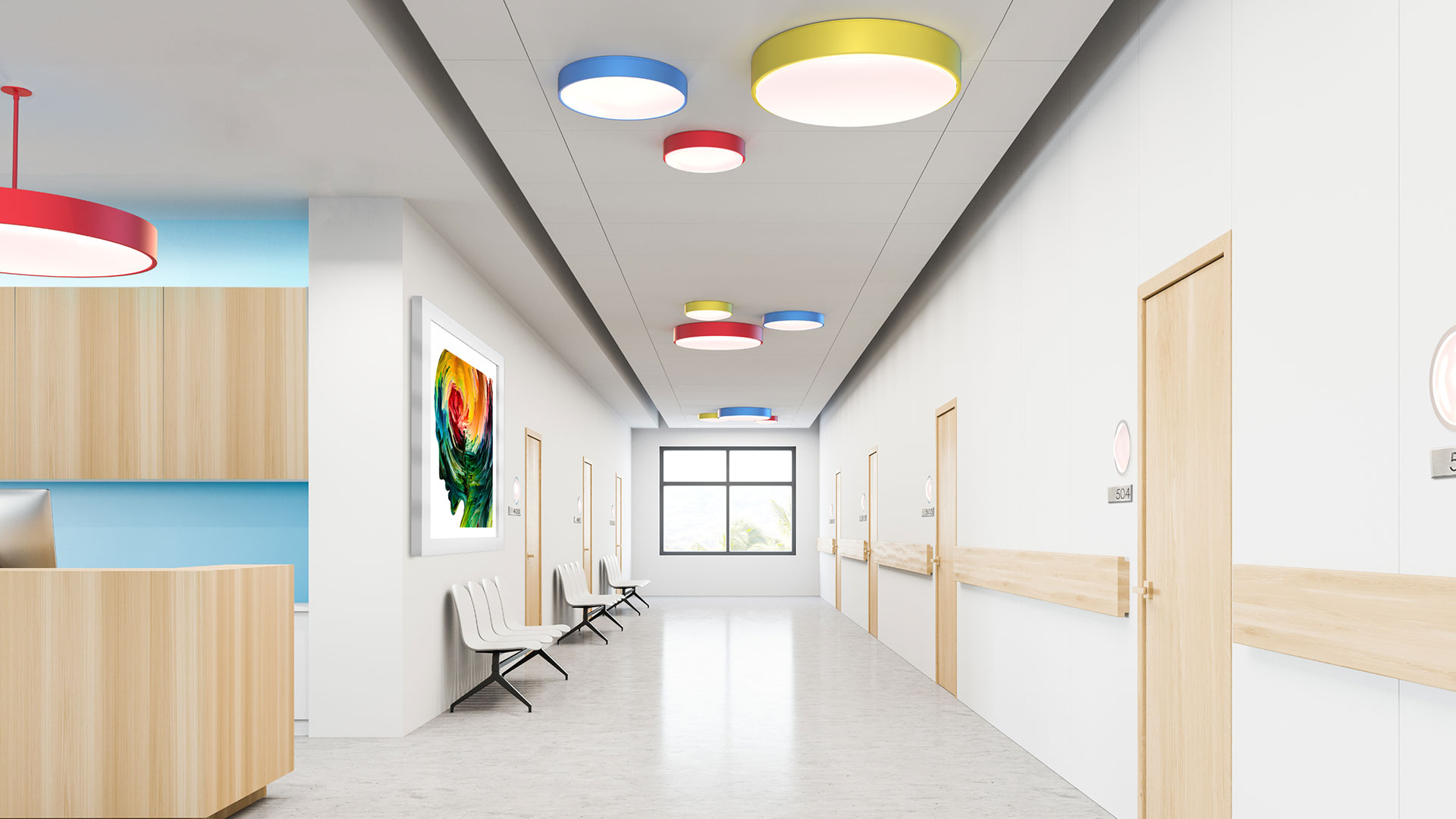 Direct ceiling luminaire in bright hallway of building.